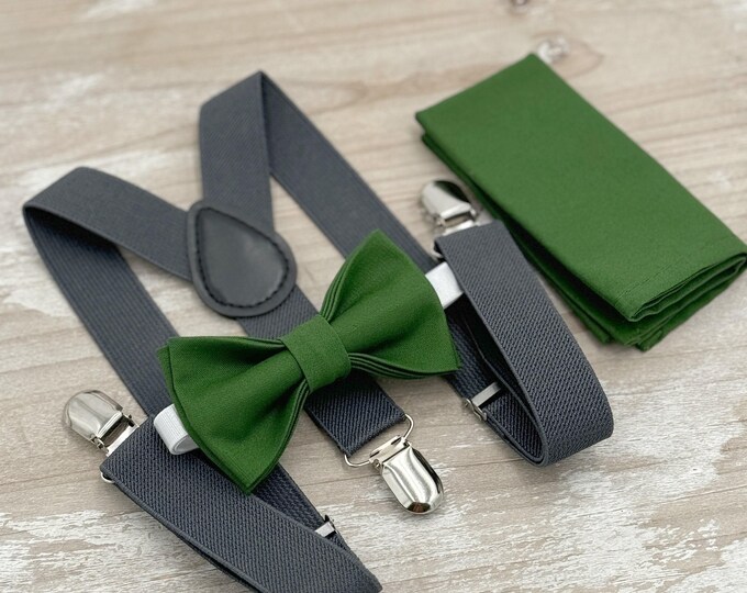 Juniper Bow tie & Charcoal Suspenders, Pocket Square, Ring Bearer Outfit, Boho Rustic Wedding Outfit, Groomsman Gift, Dark Gray Braces