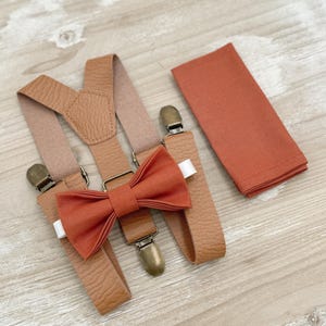 Paprika Bow Tie & Leather Suspenders - Ring Bearer and Groomsman Outfit, Rustic Wedding, Terracotta Pocket Square, All Sizes Baby to Adult
