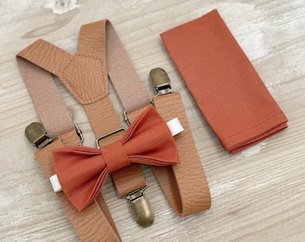 Paprika Bow Tie & Leather Suspenders - Ring Bearer and Groomsman Outfit, Rustic Wedding, Terracotta Pocket Square, All Sizes Baby to Adult