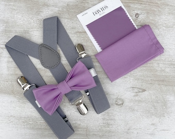 Wisteria Purple Bow Tie & Gray Suspenders – All Sizes Baby to Adult, Ring Bearer Outfit, Groomsman Gift, Wedding Outfit, Pocket Square