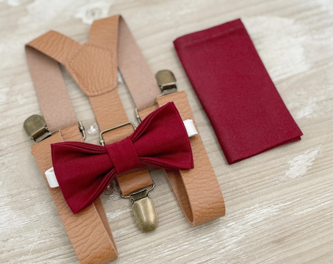 Burgundy Bow Tie & Leather Suspenders - Ring Bearer and Groomsman Outfit, Rustic Wedding, Pocket Square, All Sizes Baby to Adult