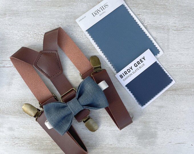 Linen Slate Blue Bow Tie &  Leather Suspenders, Men's Dark Brown Braces, Boy's Ring Bearer gift, Groomsmen Wedding outfit