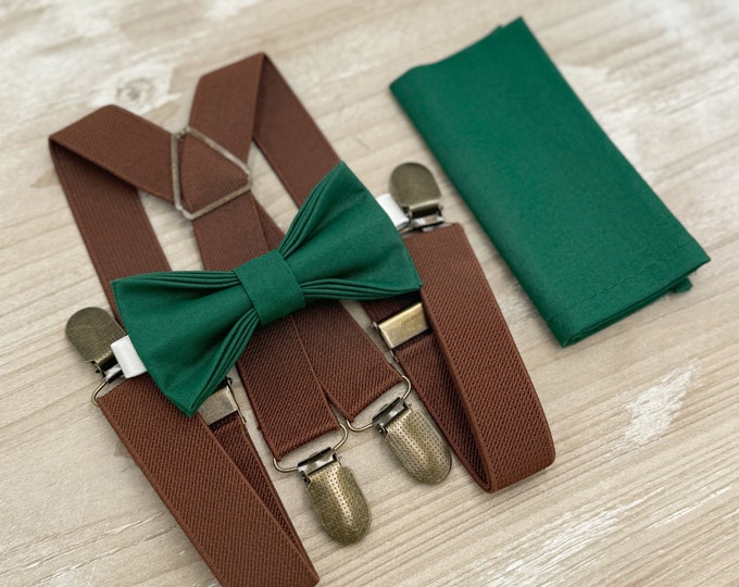 Juniper Bow tie & Suspenders, Brown X - Back Braces, Emerald Bow, Pocket Square, Ring Bearer Outfit, Boho Rustic Wedding