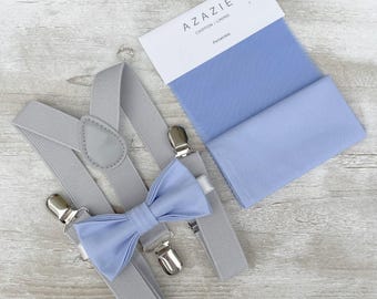 Periwinkle Bow Tie & Light Gray Suspenders – Ring Bearer Groomsman Outfit, Rustic Wedding, Pocket Square, Toddler to Adult Sizes