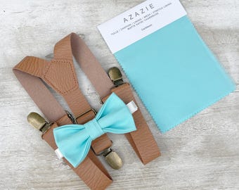 Caribbean Bow Tie & Leather Suspenders Set - Ring Bearer and Groomsman Outfit, Rustic Wedding, Pocket Square, All Sizes Baby to Adult