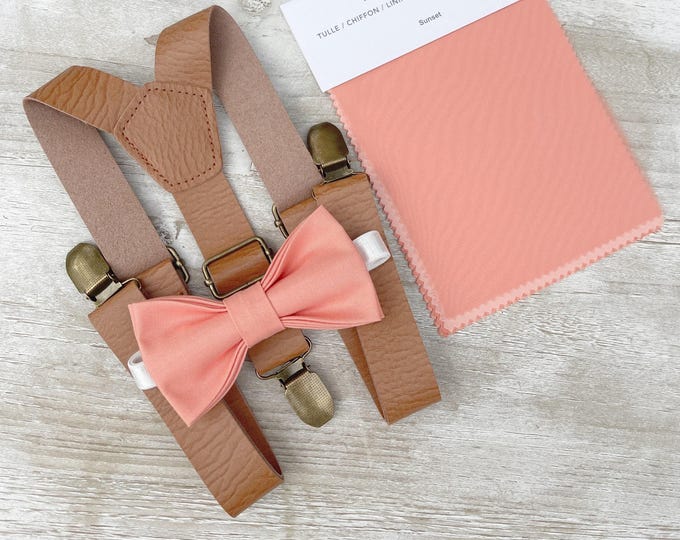 Sunset Bow Tie & Leather Suspenders - Ring Bearer and Groomsman Outfit, Rustic Wedding, Pocket Square, All Sizes Baby to Adult