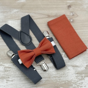 Paprika Bow Tie & Dark Gray Suspenders - Ring Bearer and Groomsman Outfit, Rustic Wedding, Terracotta Pocket Square, All Sizes Baby to Adult