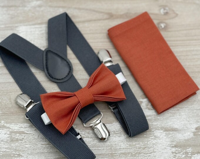 Paprika Bow Tie & Dark Gray Suspenders - Ring Bearer and Groomsman Outfit, Rustic Wedding, Terracotta Pocket Square, All Sizes Baby to Adult
