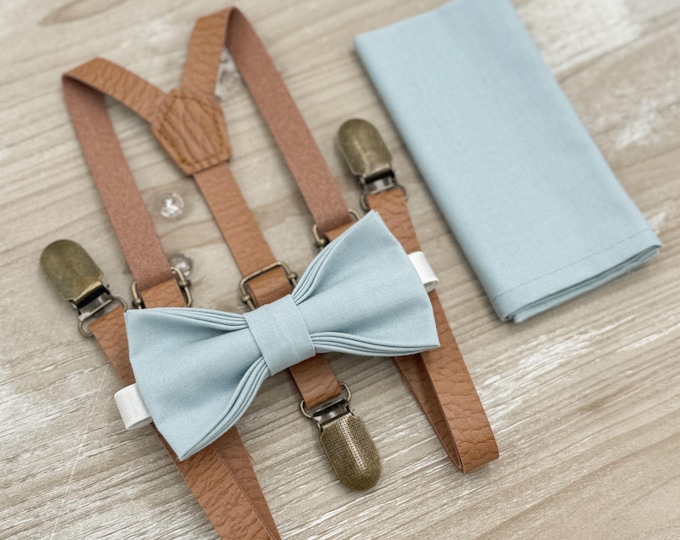 Mist Bow tie & Suspenders, Skinny Leather Braces, Sky Blue Bow, Dusty Blue Bowtie, Pocket Square, Ring Bearer Wedding Outfit