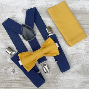 Mustard Bow Tie & Navy Suspenders Set - Ring Bearer and Groomsman Outfit, Rustic Wedding, Yellow Pocket Square, All Sizes Baby to Adult