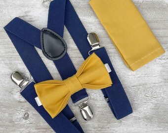 Mustard Bow Tie & Navy Suspenders Set - Ring Bearer and Groomsman Outfit, Rustic Wedding, Yellow Pocket Square, All Sizes Baby to Adult