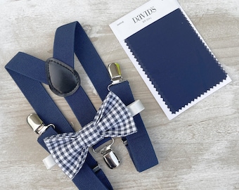 Plaid Bow Tie & Navy Blue Suspenders - Ring Bearer and Groomsman Outfit, Rustic Wedding, Gingham Bow Tie, All Sizes Baby to Adult