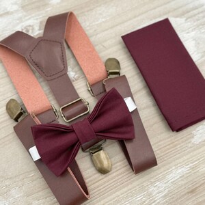 Sangria Bow Tie & Suspenders, Wine Bowtie Set, Leather Braces, Groomsman Gift, Ring Bearer Wedding Outfit, All Sizes Men and Boys