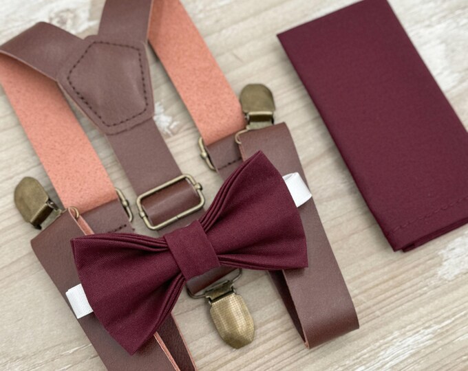 Sangria Bow Tie & Suspenders, Wine Bowtie Set, Leather Braces, Groomsman Gift, Ring Bearer Wedding Outfit, All Sizes Men and Boys