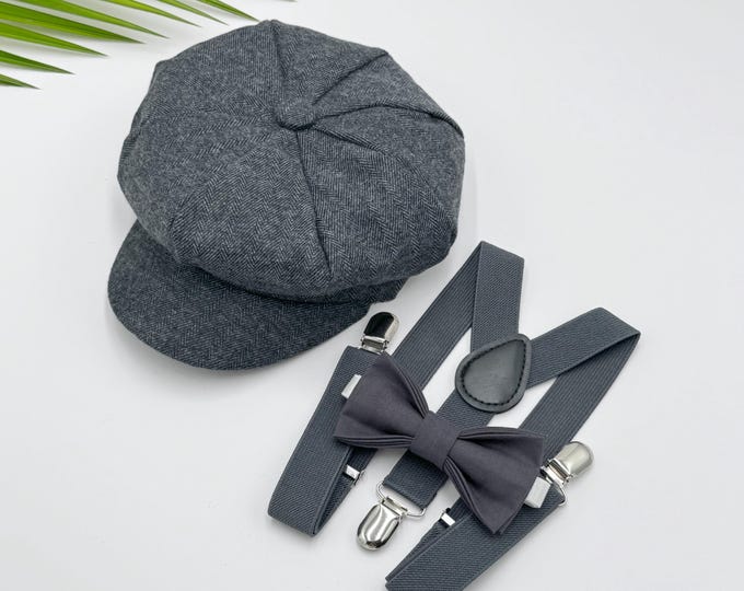 Newsboy Cap, Gatsby Flat Cap, Dark Gray Suspenders & Moss Green Bow Tie - Baby to Adult Sizes, Ring Bearer Outfit, Page Boy Wedding Set