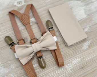 Biscotti Bow Tie & Skinny Leather Suspenders – Toddler to Adult Sizes, Ring Bearer Outfit, Groomsman Wedding Set, Rustic Boho Pocket Square