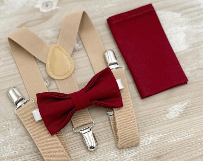 Burgundy Bow Tie & Beige Suspenders - Ring Bearer and Groomsman Outfit, Rustic Wedding, Pocket Square, Baby to Adult Sizes