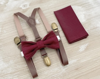 Cabernet Bow Tie & Suspenders, Wine Bowtie Set, Leather Skinny Braces, Groomsman Gift, Ring Bearer Wedding Outfit, All Sizes Men and Boys