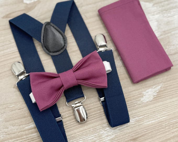 Chianti Bow tie & Suspenders | Navy Blue Braces | Mulberry Bow | Pocket Square | Ring Bearer Outfit | Boho Rustic Wedding