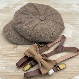 Tweed Newsboy Cap and Skinny Leather Suspenders – Taupe Bow Tie, Ring Bearer or Page Boy Outfit, Cake Smash Look, Wedding Gift Set