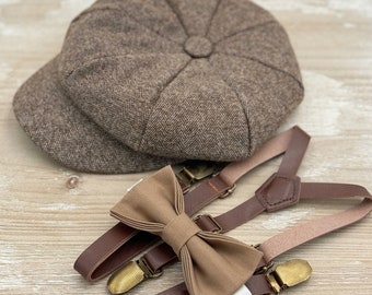 Tweed Newsboy cap , Boys & Mens Flat Applejack hat , Taupe Bow Tie , Groomsmen Skinny Leather Brown Suspenders , Wedding Ring bearer outfit