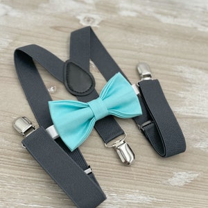 Caribbean Bow tie & Suspenders | Charcoal Dark Gray Braces | Pocket Square | Ring Bearer Outfit | Boho Wedding | Groomsman Gift