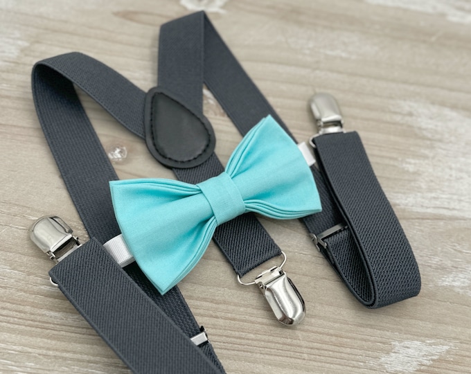 Caribbean Bow tie & Suspenders | Charcoal Dark Gray Braces | Pocket Square | Ring Bearer Outfit | Boho Wedding | Groomsman Gift