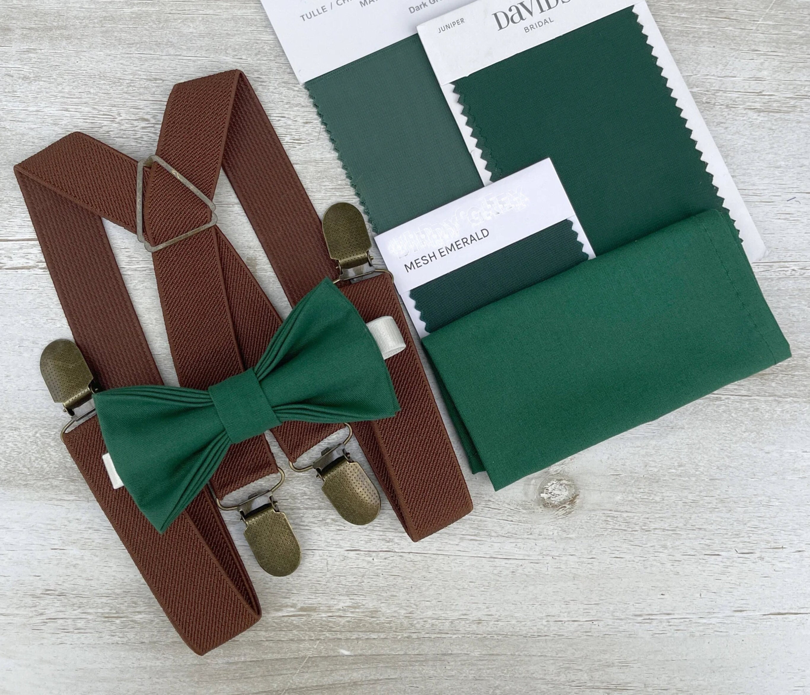 Juniper Dark Green Bow Tie u0026 Brown x - back Suspenders , Men's pocket  square , Boy's Ring Bearer gift , Groomsmen Wedding outfit , Braces