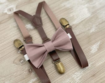 Dusty Mauve Bow Tie & Skinny Leather Suspenders - Ring Bearer and Groomsman Outfit, Rustic Wedding, All Sizes Baby to Adult