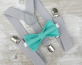 Dark Mint Bow Tie & Gray Suspenders Set - Ring Bearer and Groomsman Outfit, Rustic Wedding, Pocket Square, All Sizes Baby to Adult