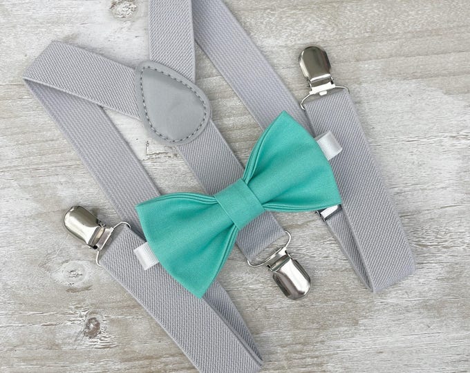 Dark Mint Bow Tie & Gray Suspenders Set - Ring Bearer and Groomsman Outfit, Rustic Wedding, Pocket Square, All Sizes Baby to Adult