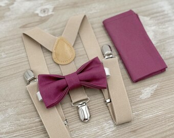 Chianti Bow Tie & Champagne Suspenders - Ring Bearer and Groomsman Outfit, Rustic Wedding, Mulberry Pocket Square, All Sizes Baby to Adult