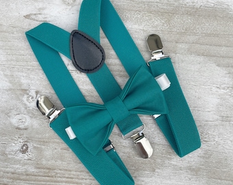 Teal Bow Tie &  Teal Suspenders , Men's Braces , Boy's Ring Bearer gift , Groomsmen Wedding outfit , Cake Smash outfit