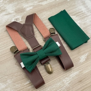 Juniper Bow tie & Suspenders, Vegan Leather Braces, Emerald Green Bow, Pocket Square, Ring Bearer Outfit, Boho Rustic Wedding