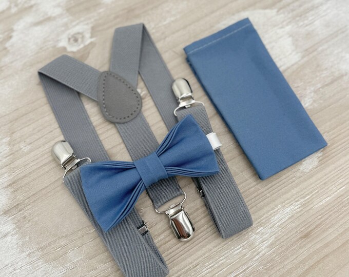 Dark Steel Bow tie & Suspenders, Gray Braces, Twilight Blue Bow, Pocket Square, Ring Bearer Outfit, Boho Rustic Wedding
