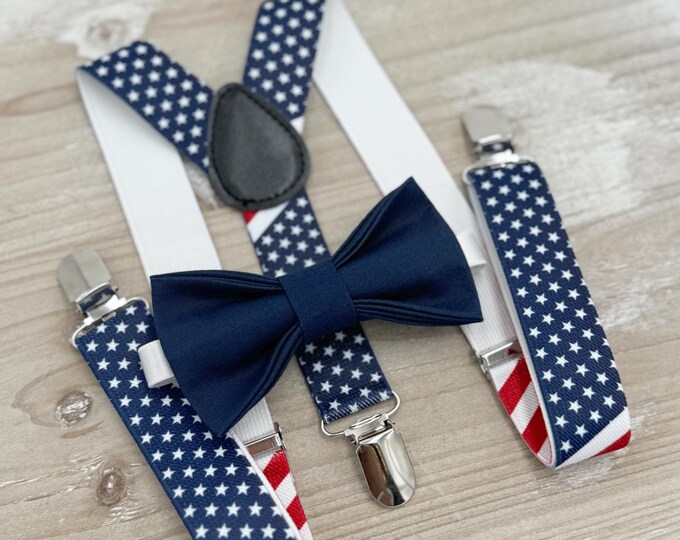 Navy Bow tie & USA Flag Suspenders | Blue BowTie | Patriotic Costume | Ring Bearer Outfit | Boho Rustic Wedding