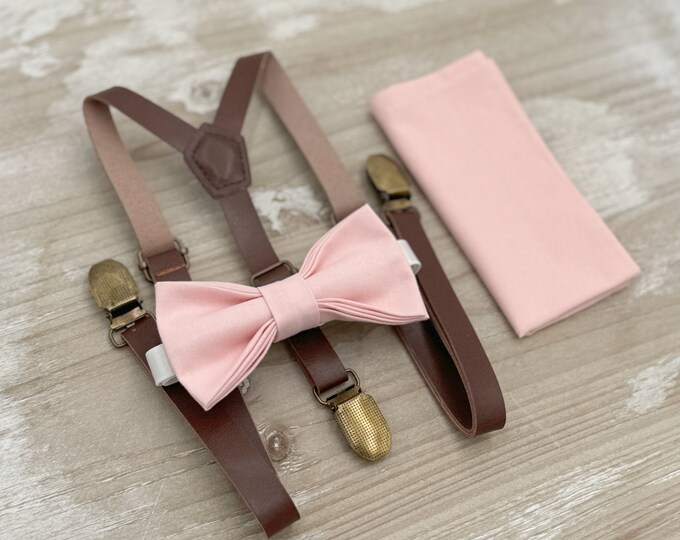 Blush Bow tie & Skinny Suspenders, Vegan Leather Braces, Petal Bow Tie, Pocket Square, Ring Bearer Outfit, Boho Wedding