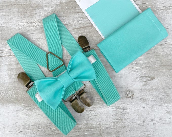 Spa Bow Tie & Mint Suspenders - Ring Bearer and Groomsman Outfit, Rustic Wedding, Pocket Square, All Sizes Baby to Adult
