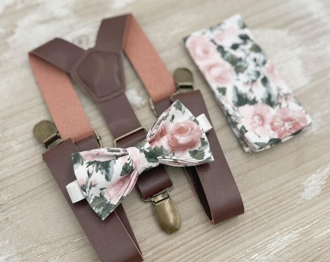 Floral Bow tie & Vegan Leather Suspenders, Dusty Rose Bow Tie, Pocket Square, Ring Bearer Outfit, Boho Wedding, Groomsman Gift