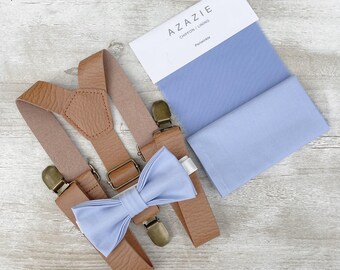 Periwinkle Bow Tie & Leather Suspenders Set - Ring Bearer and Groomsman Outfit, Rustic Wedding, Pocket Square, All Sizes Baby to Adult
