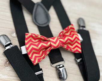 Gold Chevron Bow Tie & Black Suspenders Set - Ring Bearer and Groomsman Outfit, Rustic Wedding, All Sizes Baby to Adult, Christmas Bow Tie