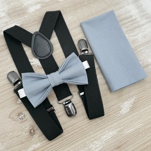 Dusty Blue Bow Tie & Suspenders – All Sizes for Boys and Men, Black Braces, Pocket Square, Ring Bearer, Boho Rustic Wedding