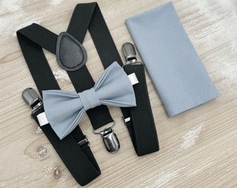 Dusty Blue Bow Tie & Suspenders – All Sizes for Boys and Men, Black Braces, Pocket Square, Ring Bearer, Boho Rustic Wedding