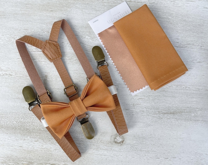Butterscotch Bow Tie & Skinny Leather Suspenders – Ring Bearer and Groomsman Outfit, Rustic Wedding, Pocket Square, Toddler to Adult Sizes