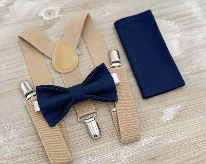 Navy Bow tie & Suspenders, Nude Beige Braces, Marine Blue Bowtie, Pocket Square, Ring Bearer Outfit, Boho Rustic Wedding