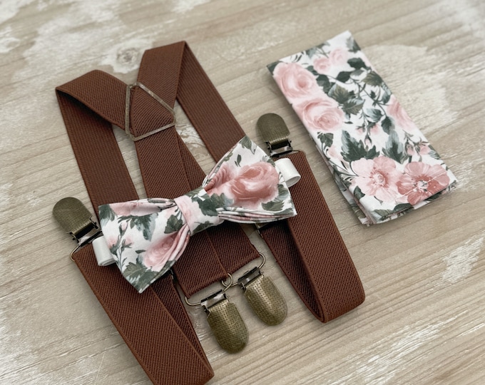 Floral Bow tie & Suspenders, X - Back Braces, Dusty Rose Bow Tie, Pocket Square, Ring Bearer Outfit, Boho Wedding, Groomsman Gift
