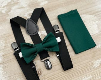 Pine Green Bow Tie & Black Suspenders Set - Ring Bearer and Groomsman Outfit, Rustic Wedding, Gem Pocket Square, All Sizes Baby to Adult