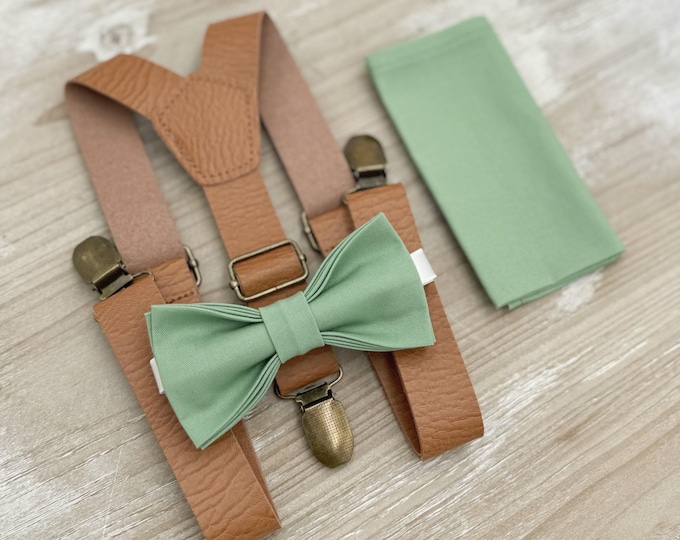 Matcha Bow tie & Suspenders, Leather Light Brown Braces, Sage Meadow Green Bow, Pocket Square, Ring Bearer Outfit, Boho Rustic Wedding