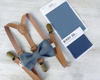 Linen Steel Blue Bow Tie & Skinny Leather Suspenders , Men's rustic bow tie , Boy's Ring Bearer gift , Groomsmen Wedding outfit