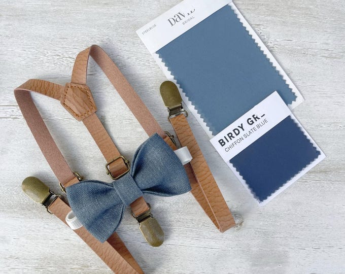 Linen Steel Blue Bow Tie & Skinny Leather Suspenders , Men's rustic bow tie , Boy's Ring Bearer gift , Groomsmen Wedding outfit